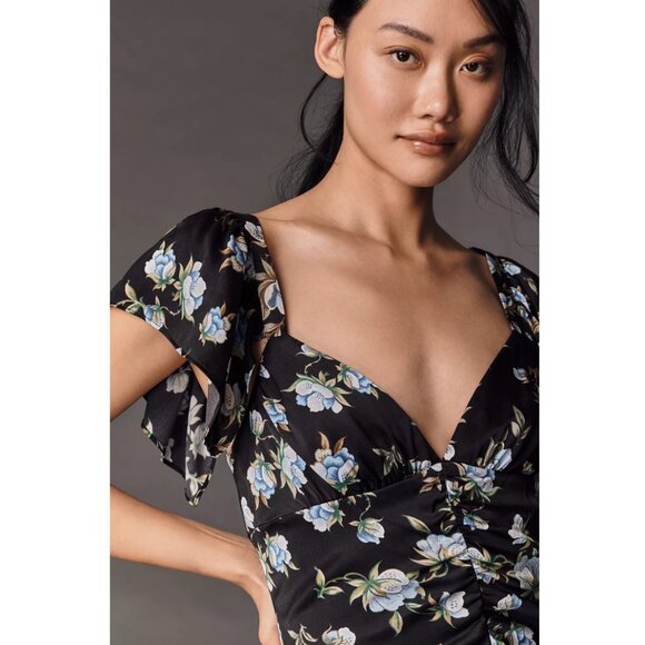By Anthropologie Sweetheart Ruched Drop-Waist Dress  Black Blue Floral XL - Picture 3 of 3
